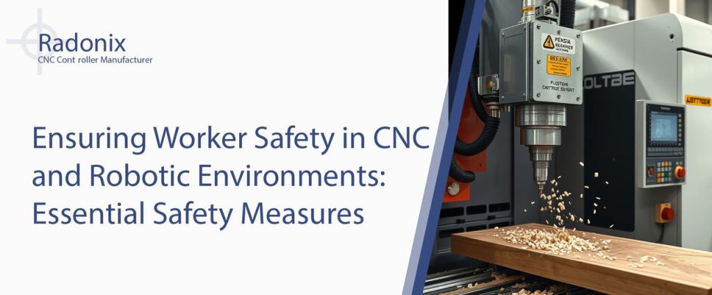 CNC machine operating in factory highlighting worker safety in CNC and robotic environments with protective measures in place